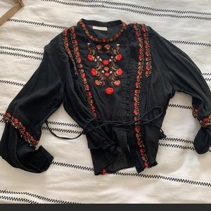 Doen black long sleeve blouse with red flowers embroidered